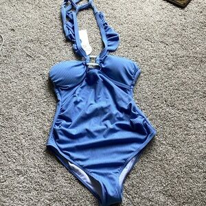 Ribbed Halter One-Piece Swimsuit in Blue